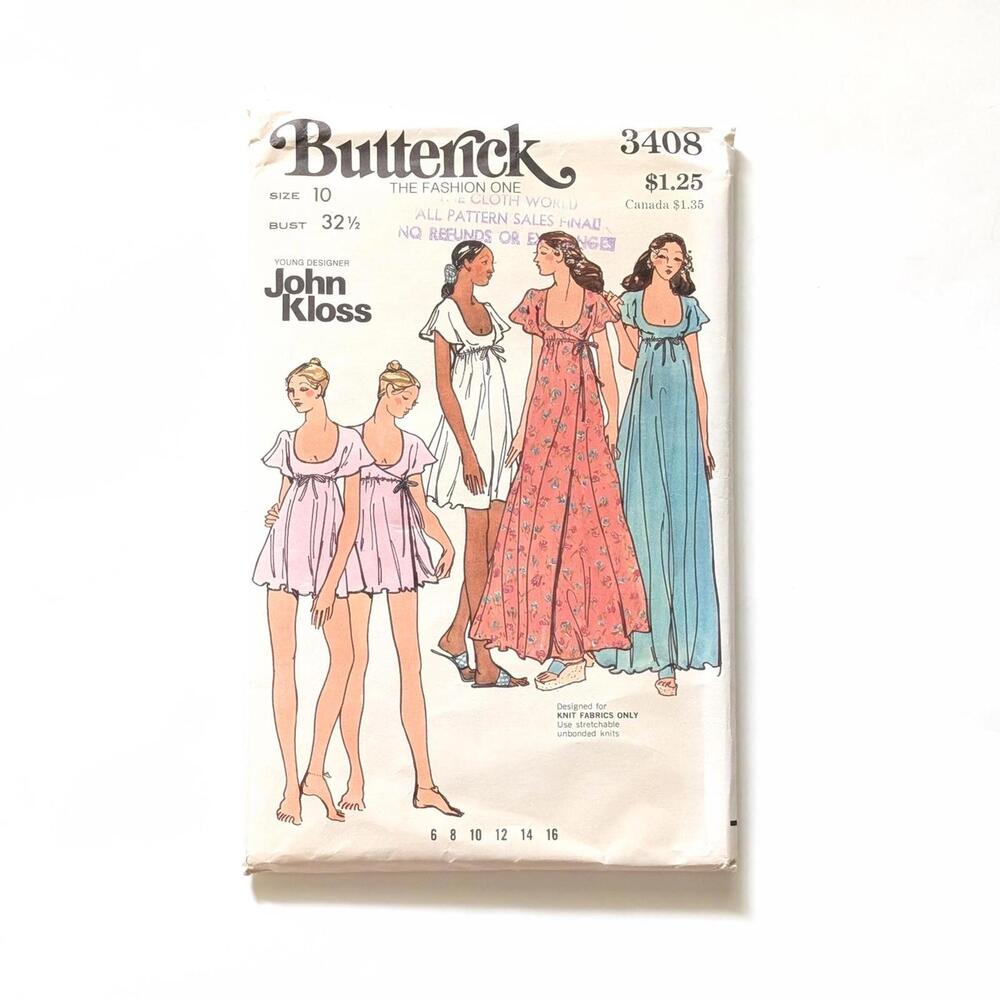 1970s Vintage Butterick 3408 Sewing Pattern - John Kloss Design - Nightgown